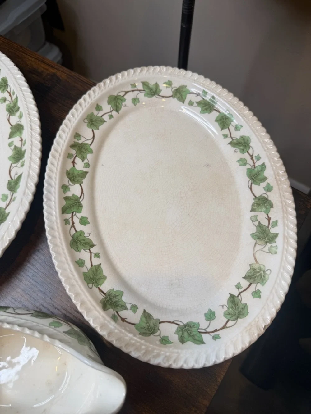 Vintage Harker Pottery Royal Gadroon Green Ivy 2 Serving Platter 1 Gravy Boat